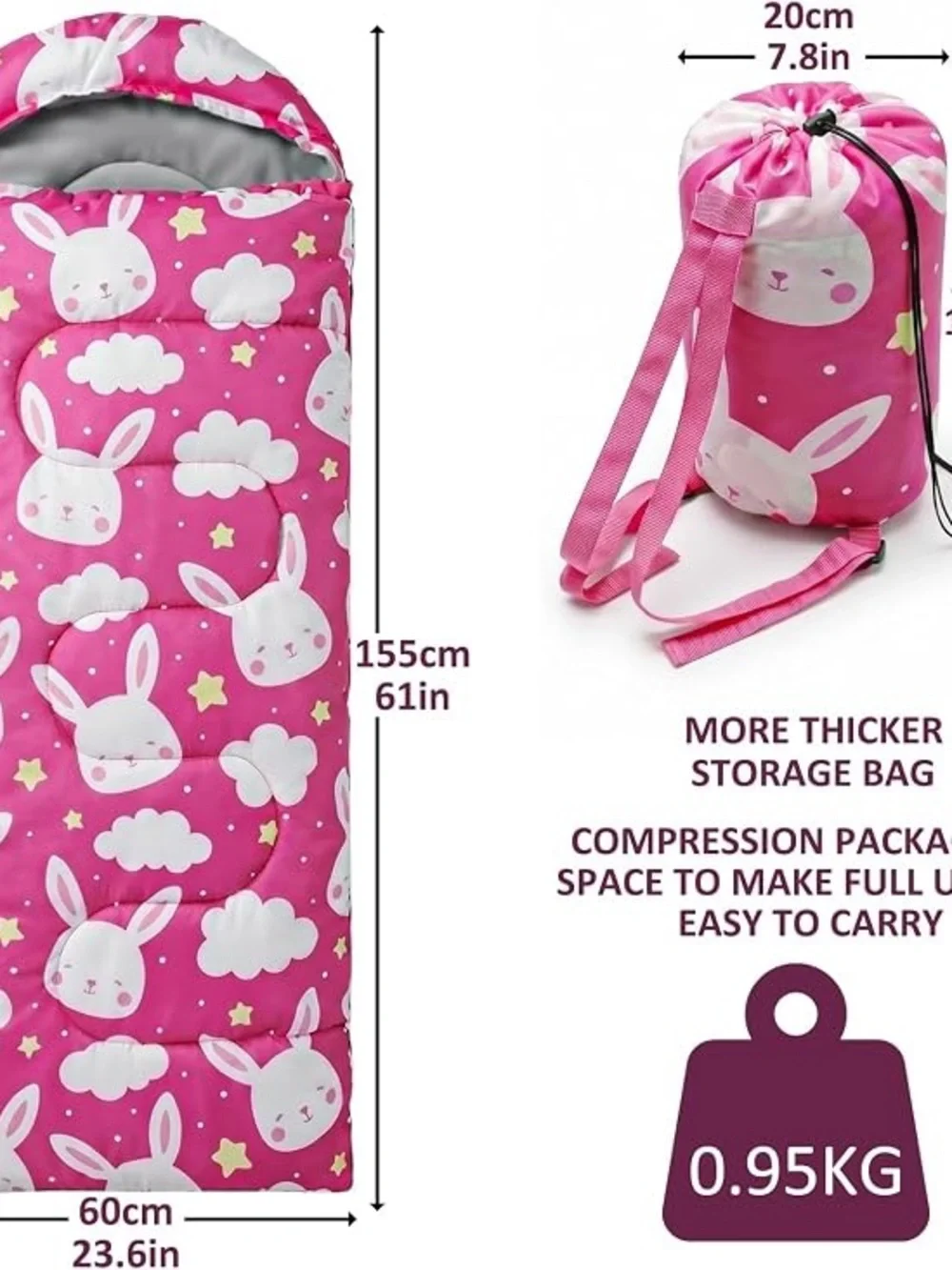 Kids Pink Bunny Sleeping Bag with Carry Sack